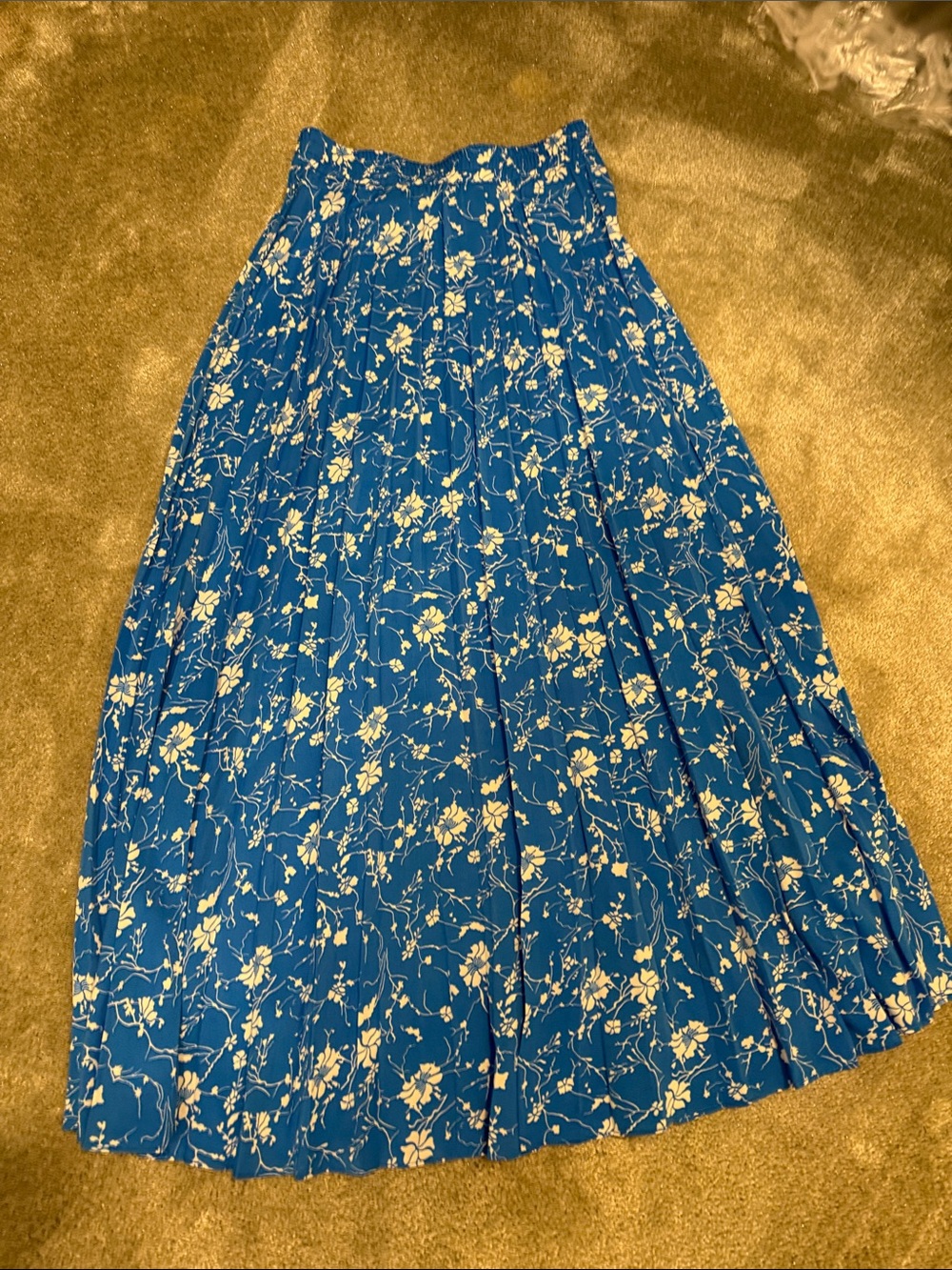 Blue Floral Maxi Skirt with Pleats